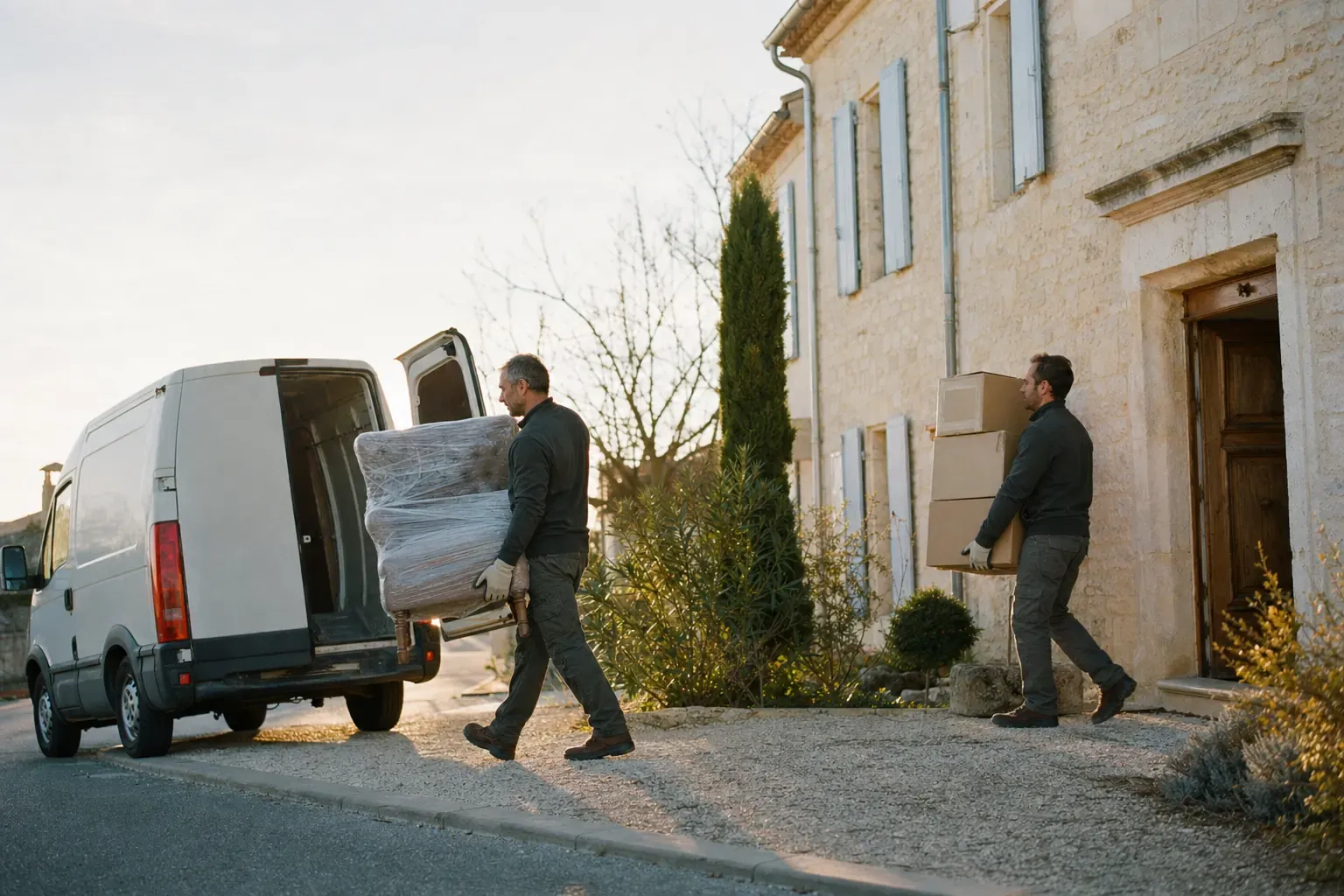 Deux professionnels du débarras chargent un fauteuil emballé et des cartons dans un fourgon devant une maison de pierre, au petit matin