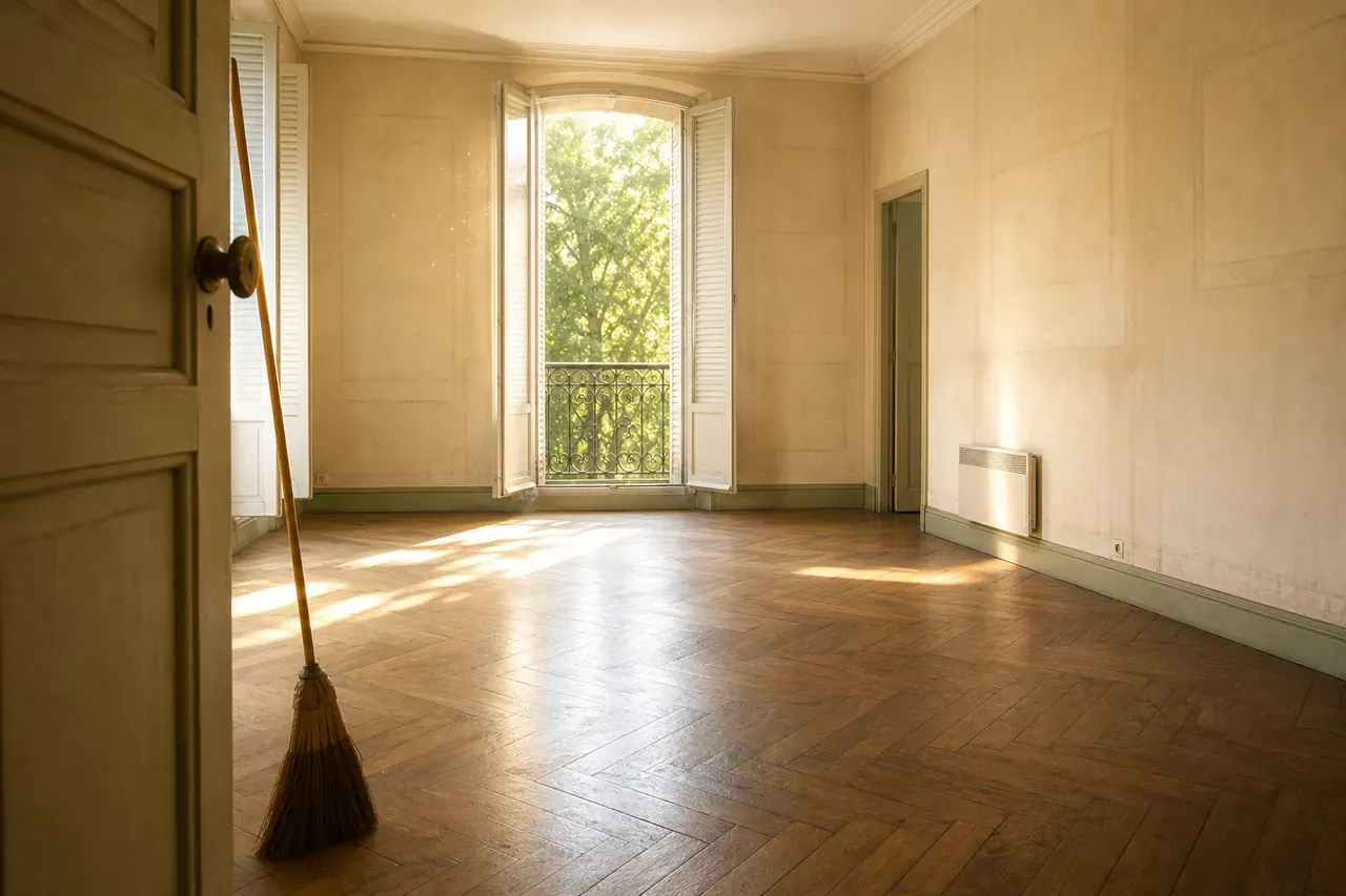 La même pièce vidée après le débarras : parquet en point de Hongrie nu, volets ouverts, lumière et poussière dans le rayon de soleil