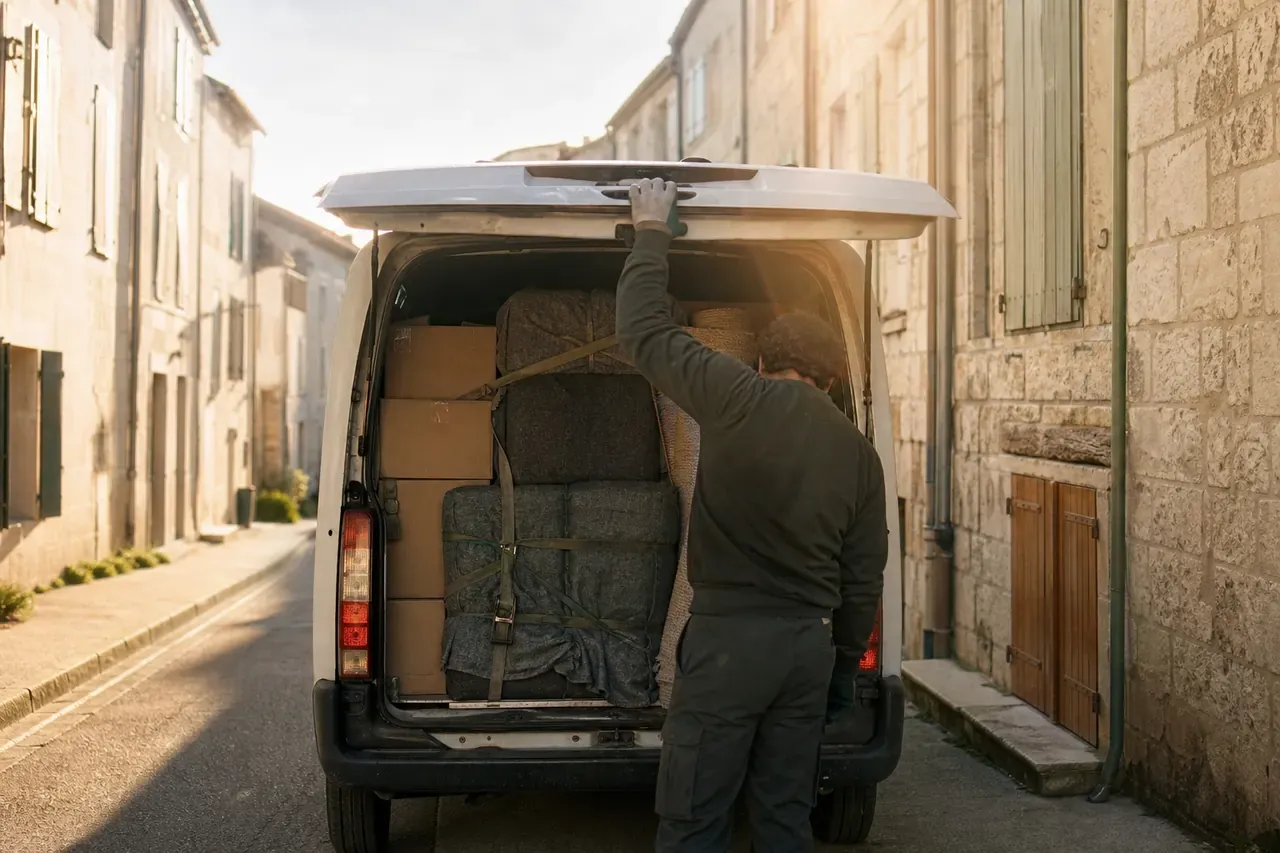 Un professionnel referme le hayon d'un fourgon chargé et sanglé · cartons, meubles sous couvertures · dans une rue de village en fin de journée