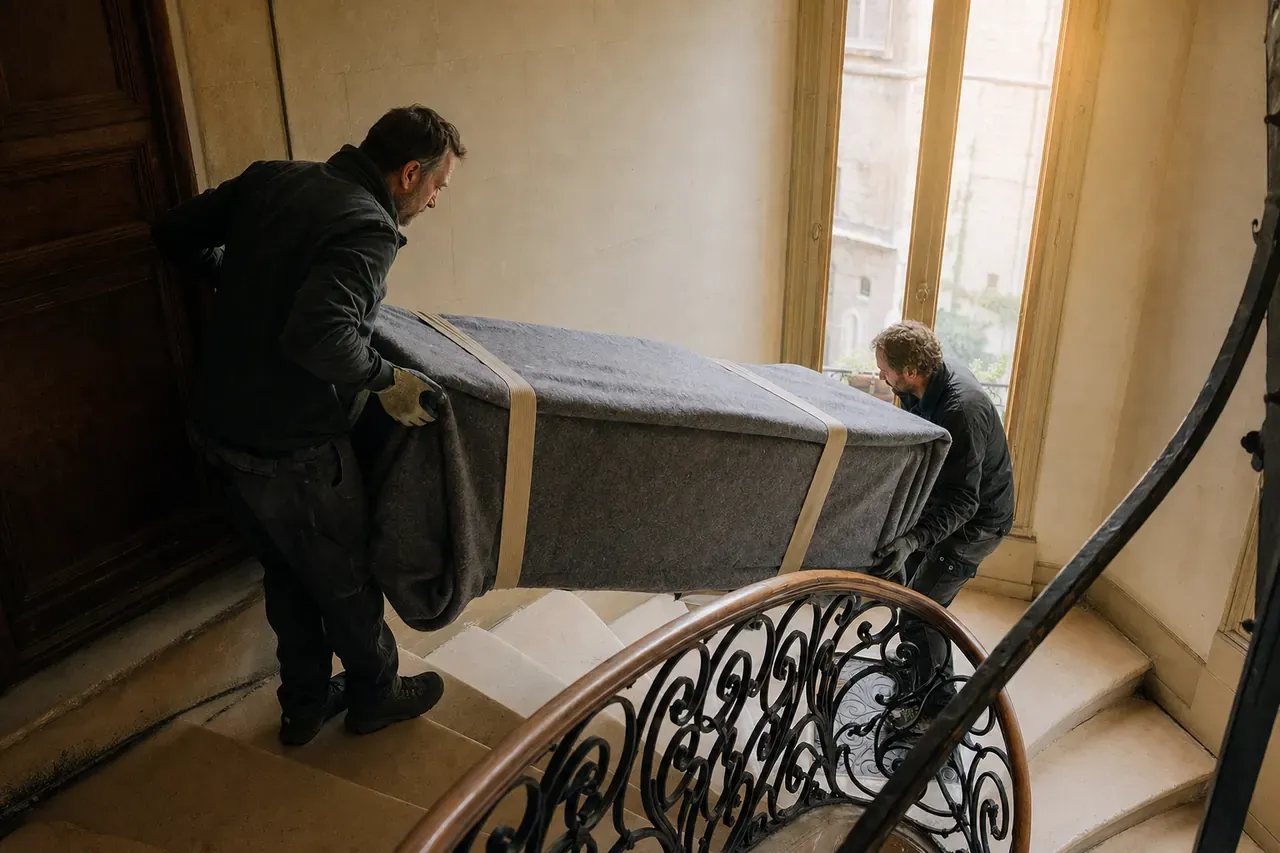 Deux professionnels descendent un canapé sanglé sous couverture de déménagement dans la cage d'escalier d'un immeuble ancien
