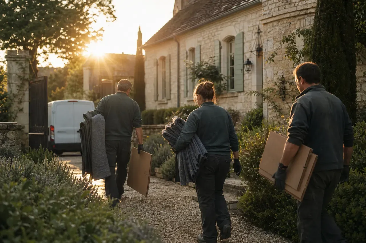 Une équipe de trois professionnels remonte l'allée d'une maison de pierre au petit matin, leur fourgon garé au portail