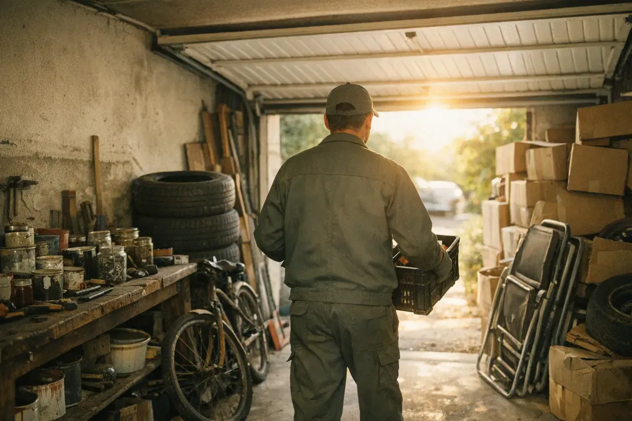 Un garage encombré en cours de vidage : établi couvert de pots de peinture et d'outils, pneus empilés, vélo rouillé et cartons jusqu'au plafond
