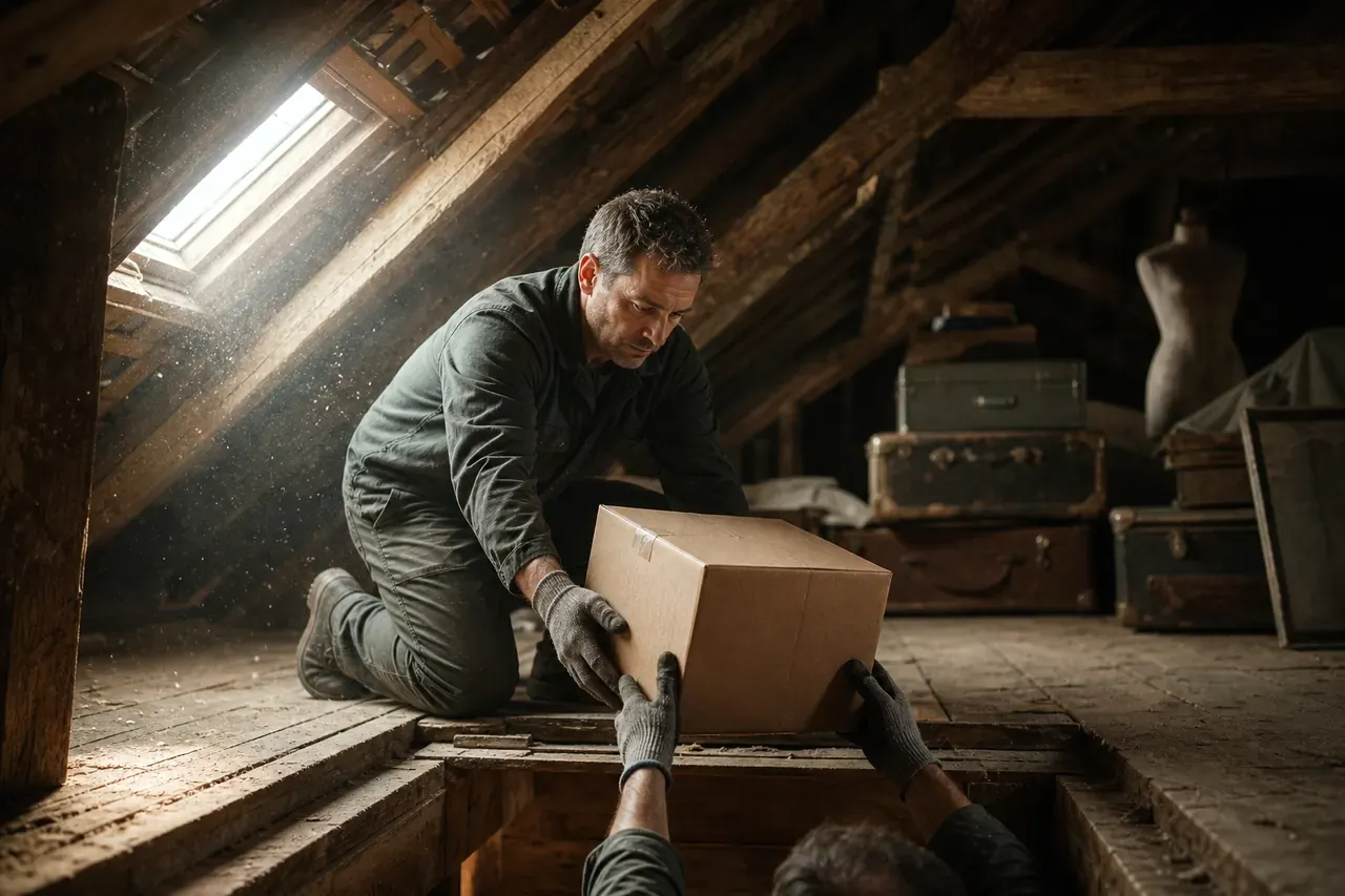 Sous la charpente d'un grenier éclairé par une fenêtre de toit, un homme à genoux passe un carton à un second par la trappe, au milieu de malles anciennes