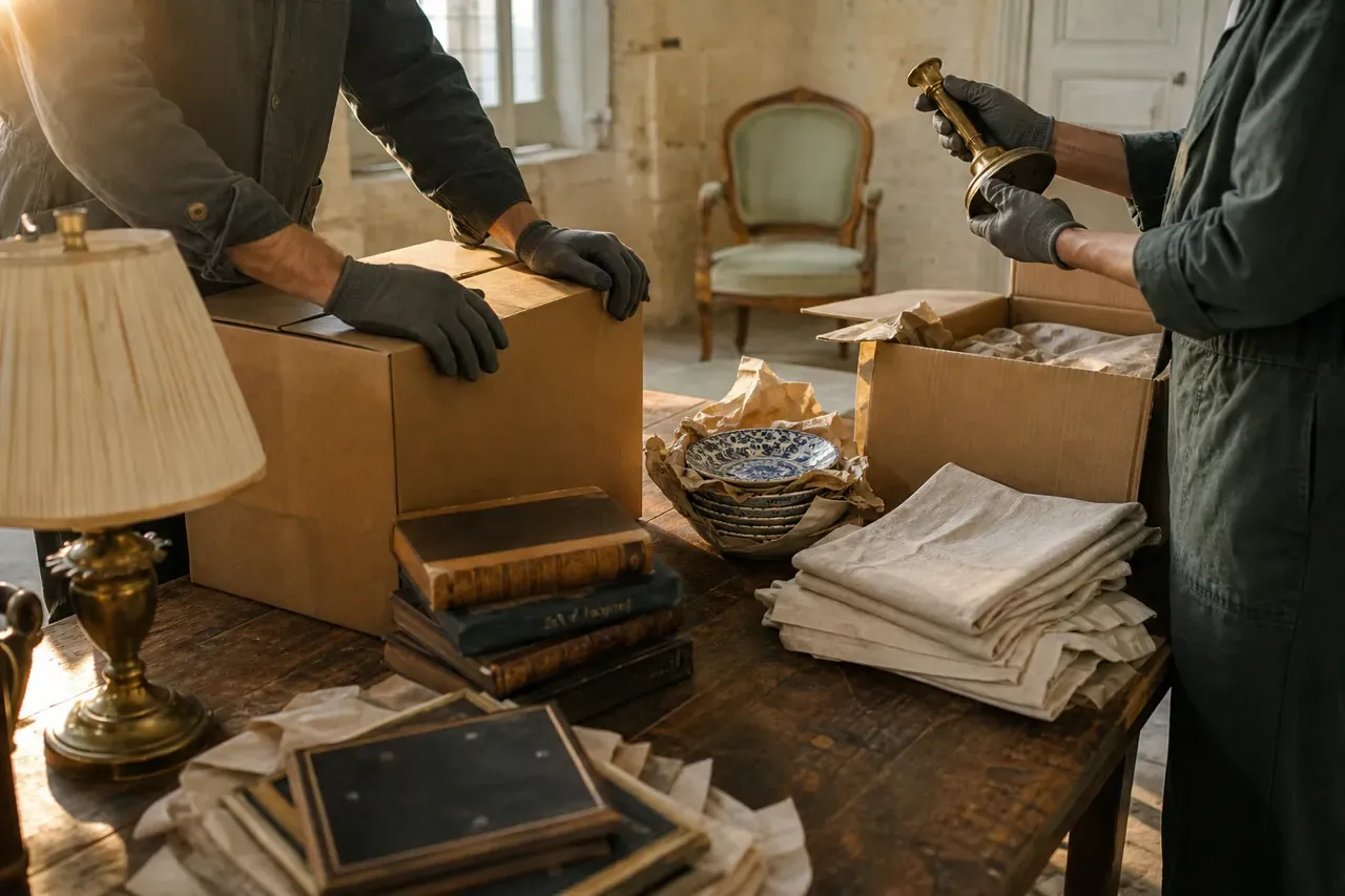 Mains gantées triant sur une table en bois une lampe en laiton, des livres anciens, des assiettes en faïence et des cadres, pour la reprise