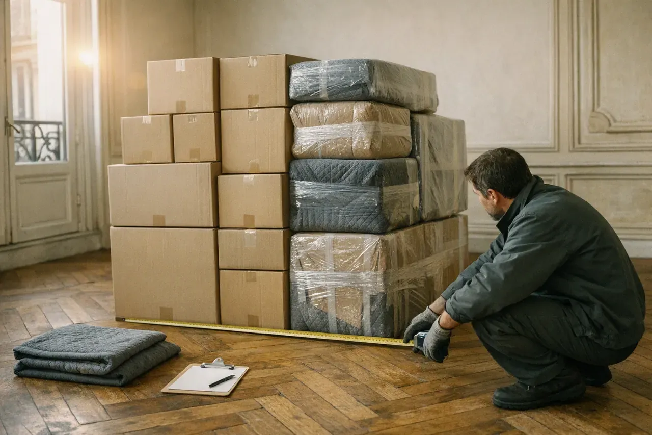 Un professionnel mesure au mètre ruban le volume d'un empilement de cartons et de meubles emballés dans une pièce vide