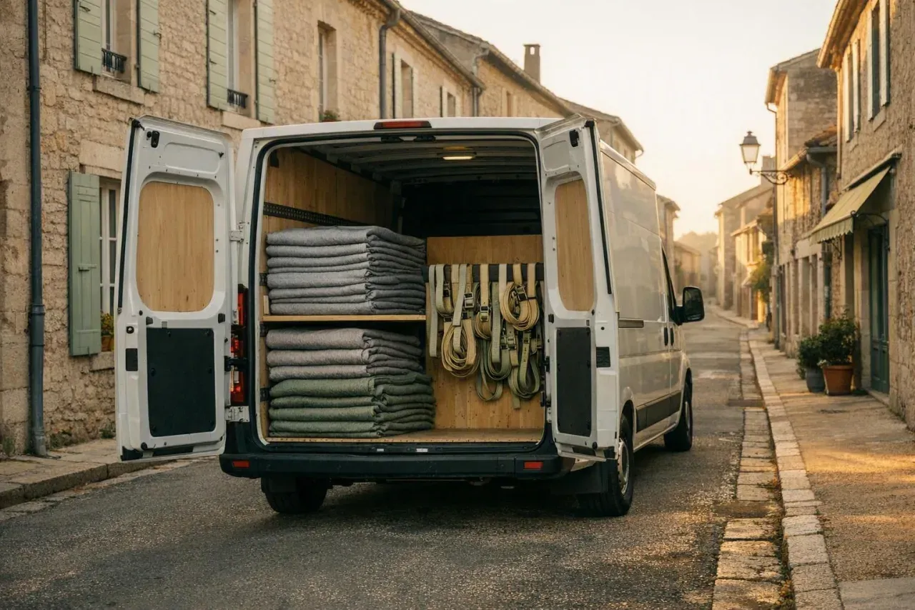 Fourgon de débarras propre et ouvert, couvertures pliées et sangles, au matin dans une rue française