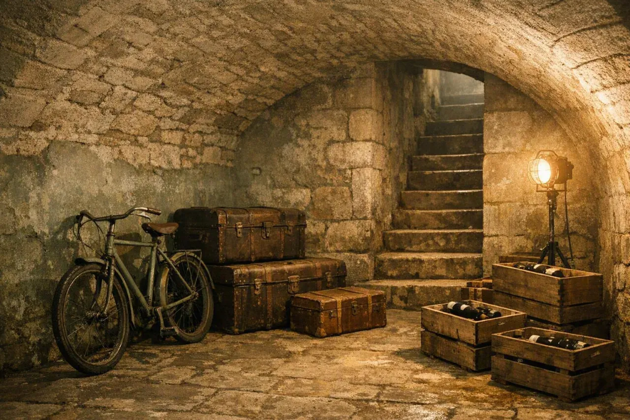 Cave voûtée en pierre avec malles anciennes, vélo et caisses de vin avant débarras