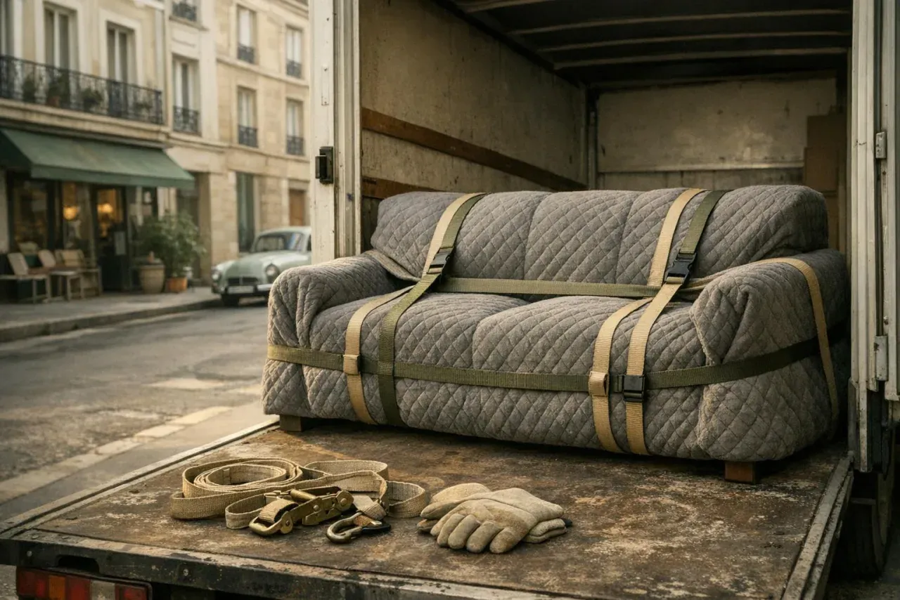 Canapé sanglé sous une couverture de déménagement dans un fourgon