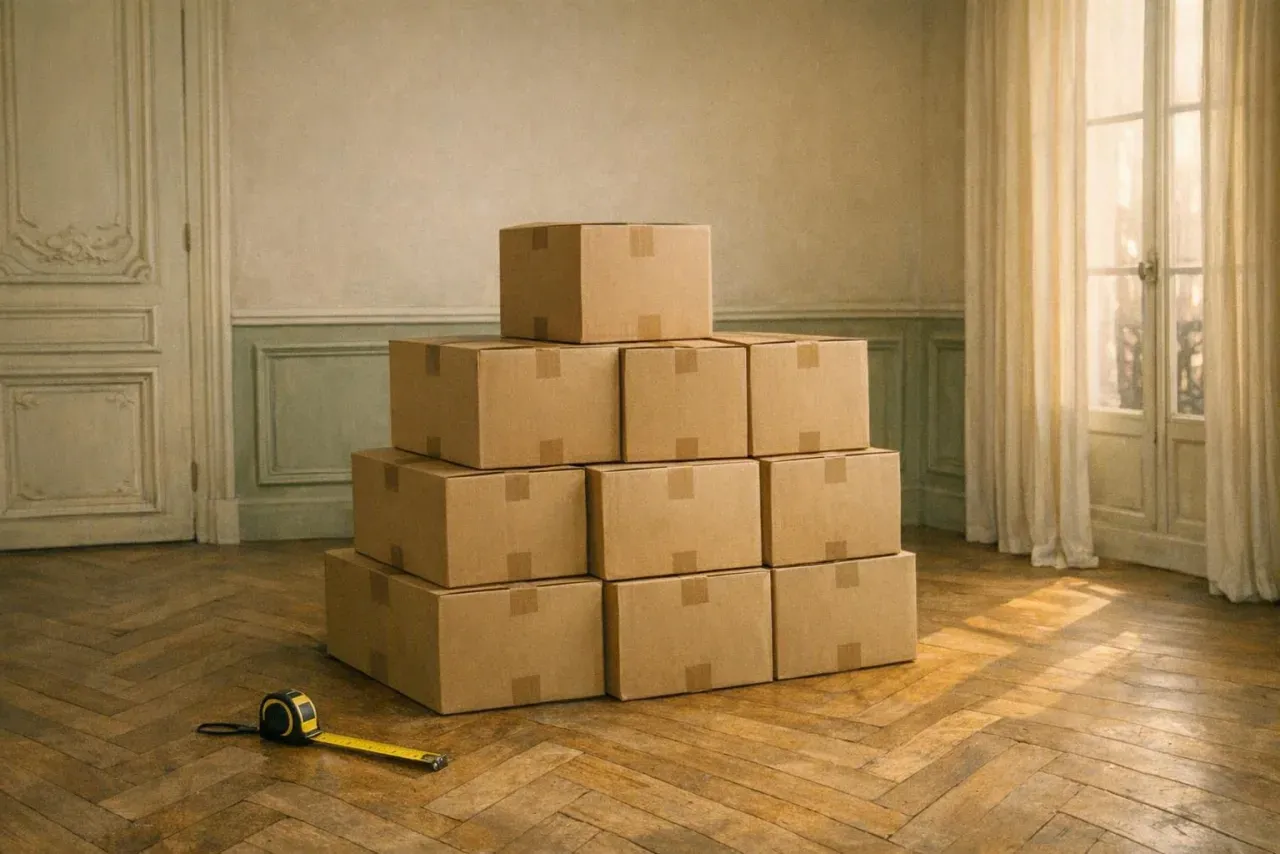 Pile de cartons et mètre ruban posés dans une pièce vide, pour estimer un volume en mètres cubes