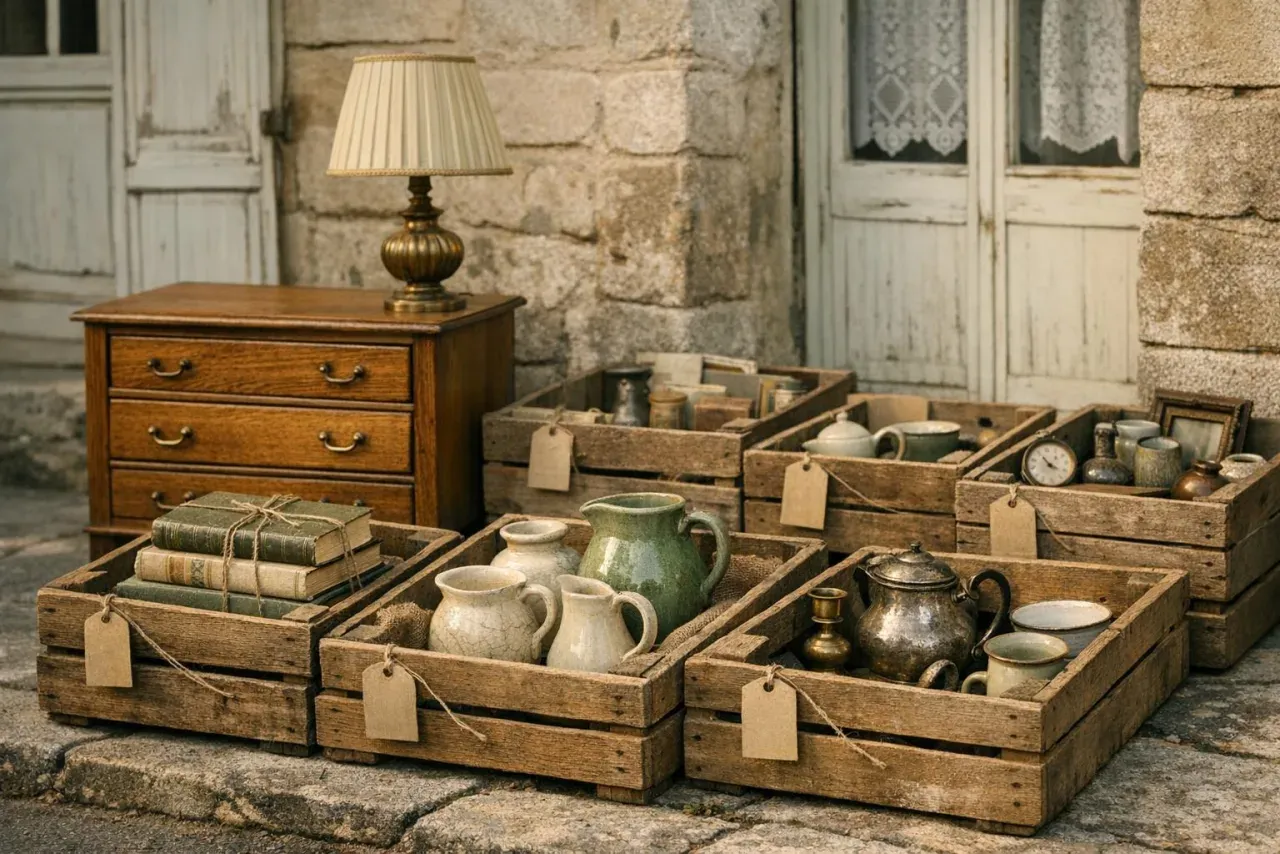 Caisses de brocante étiquetées devant une façade en pierre : commode, lampe en laiton, livres