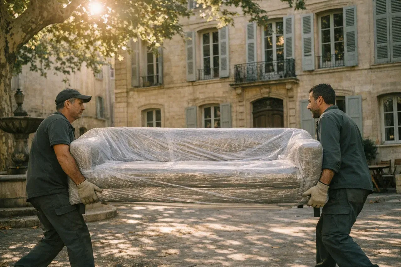 Deux professionnels portent un canapé emballé sur une place aixoise ombragée de platanes, devant un hôtel particulier en pierre