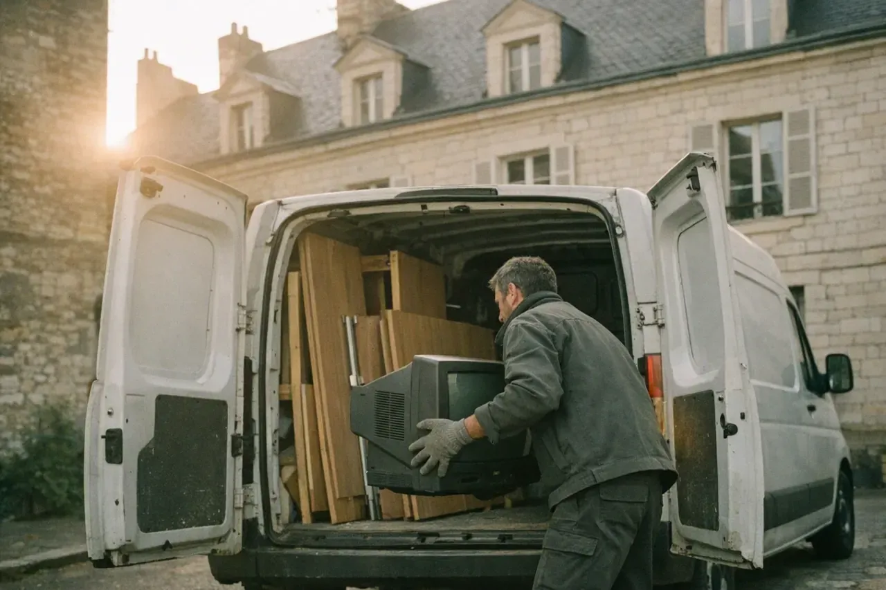 Un professionnel charge un téléviseur et des cartons dans un fourgon, devant une façade claire aux lucarnes d'ardoise