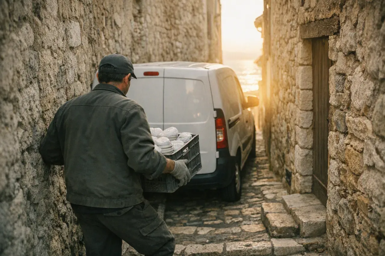 Un fourgon engagé dans une ruelle étroite du vieil Antibes, un professionnel portant une caisse de vaisselle emballée