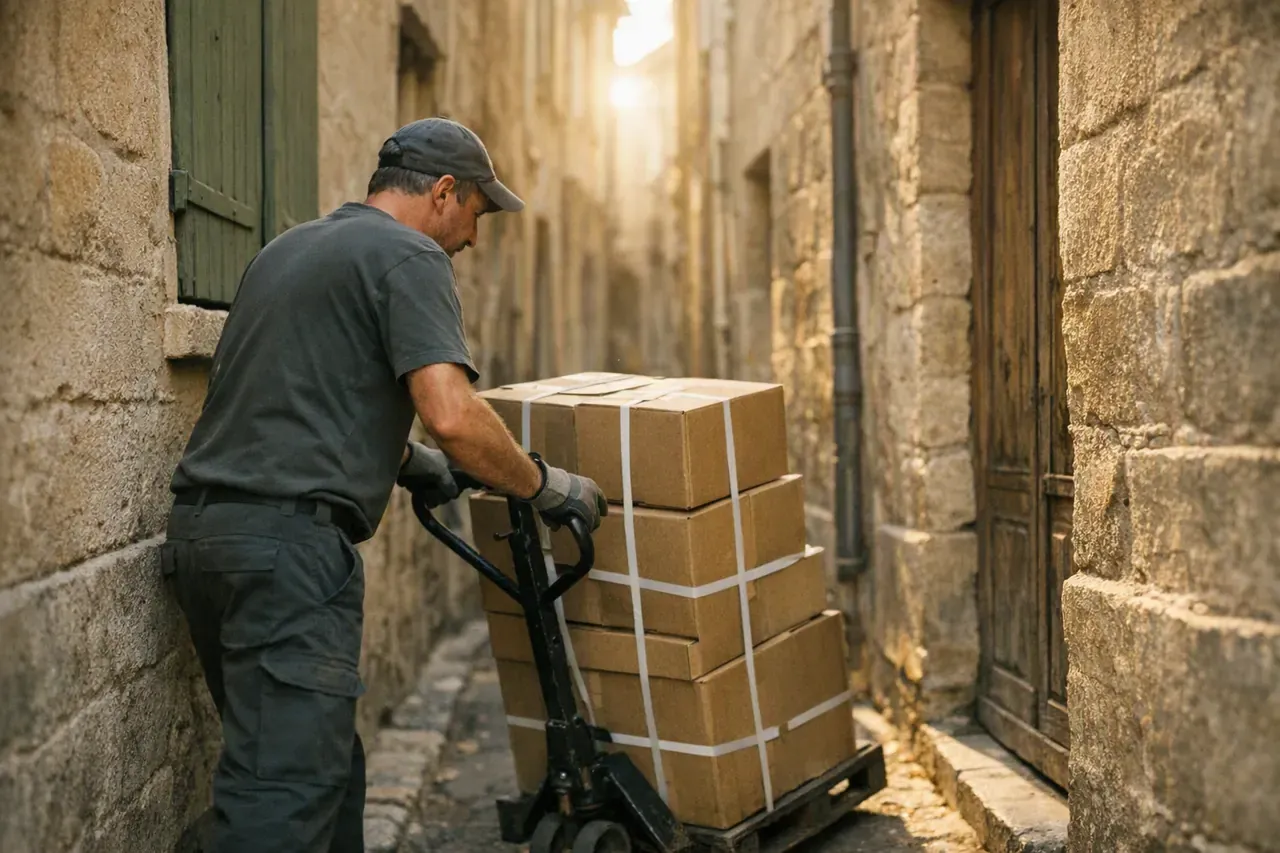 Un professionnel pousse un transpalette chargé de cartons dans une rue étroite bordée de murs de pierre