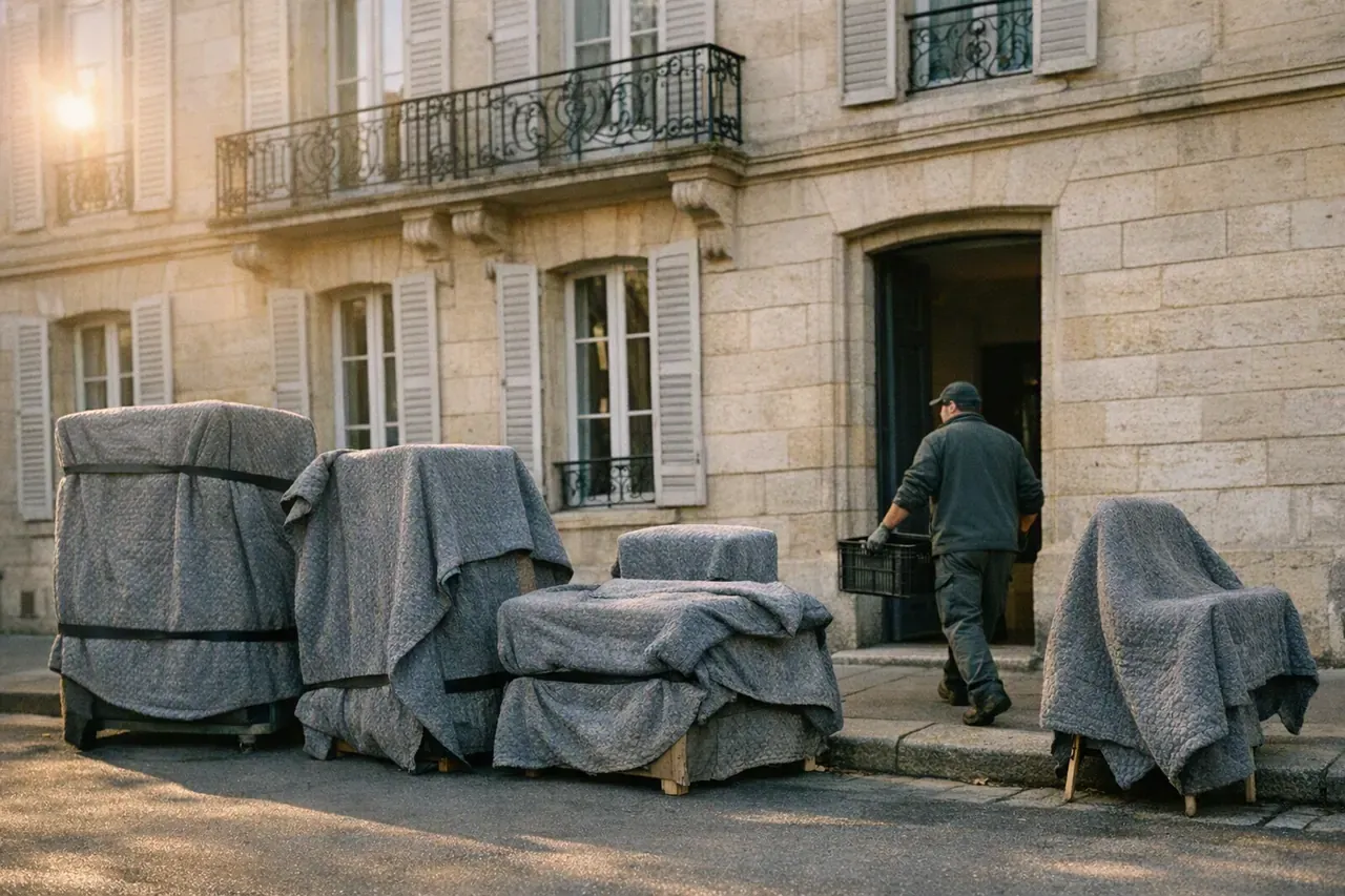 Meubles protégés sous couvertures de déménagement sur le trottoir devant un immeuble bordelais en pierre blonde à balcons de fer forgé