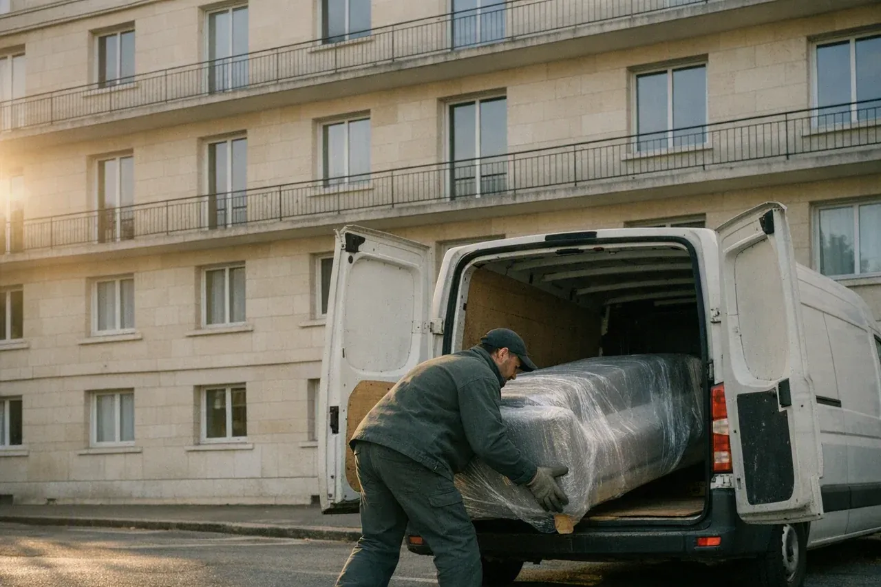 Un professionnel charge un canapé filmé à l'arrière d'un fourgon, devant un immeuble en pierre de Caen