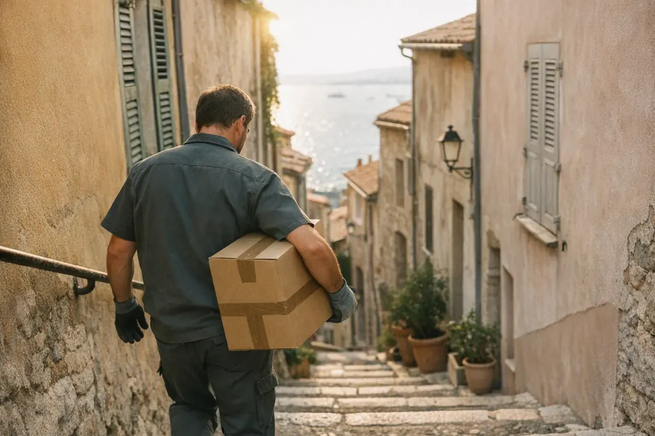 Un professionnel remonte un carton par une ruelle en escalier bordée de volets colorés, la mer visible en contrebas