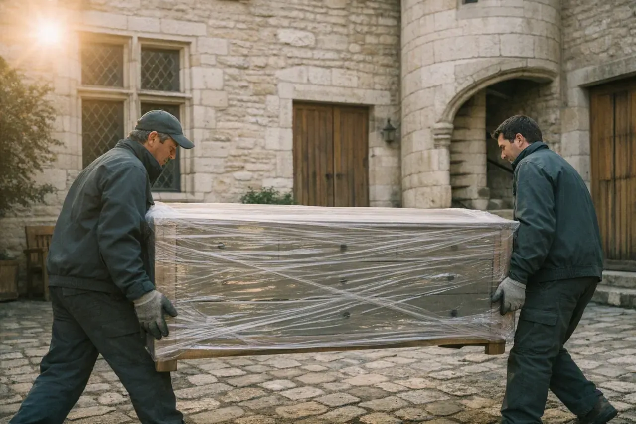 Deux professionnels portent un meuble filmé et sanglé à travers une cour pavée dijonnaise, sous un porche en plein cintre