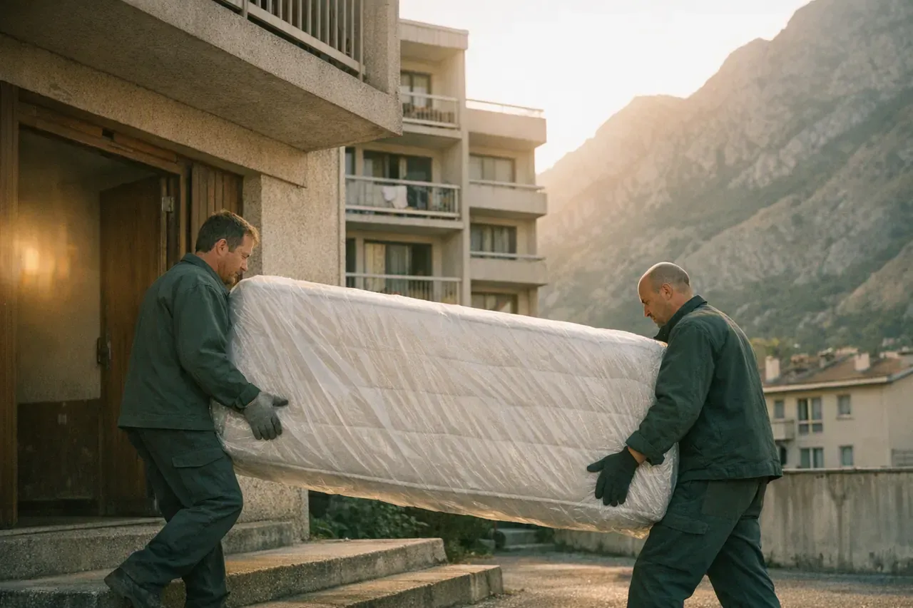 Deux professionnels portent un matelas emballé devant un immeuble grenoblois, les montagnes en arrière-plan