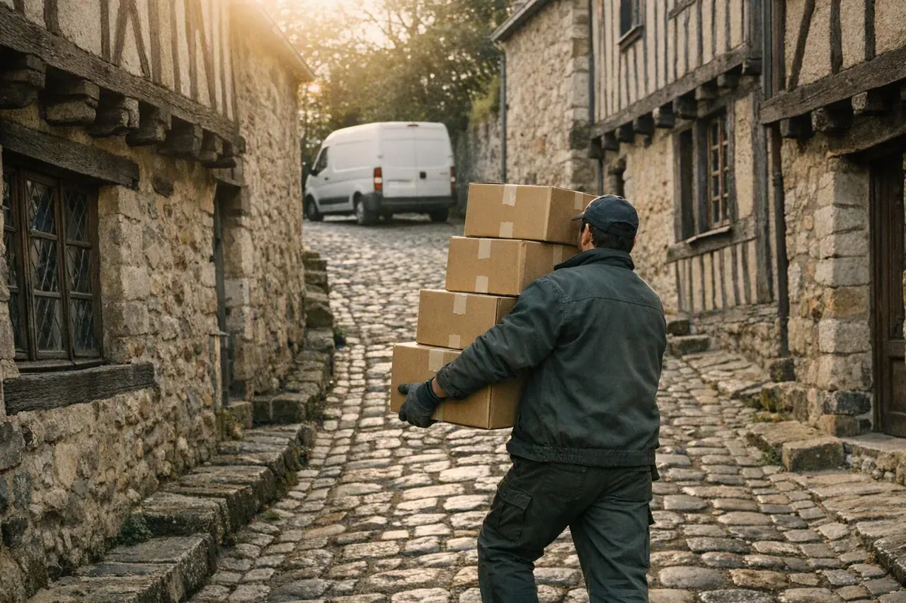 Un professionnel porte une pile de cartons dans une ruelle pavée bordée de maisons à pans de bois, un fourgon garé au bout