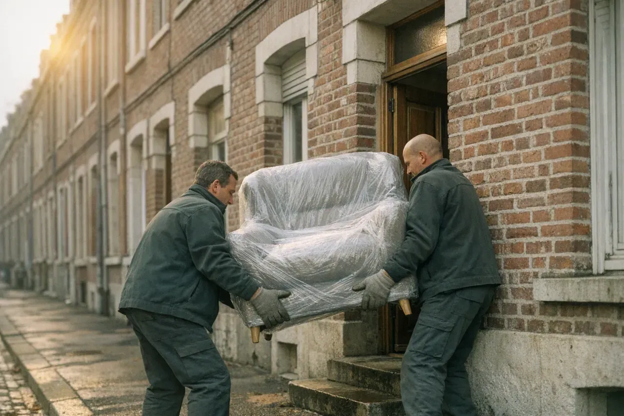Deux professionnels sortent un fauteuil emballé d'une maison de brique, dans une rue en enfilade typiquement lilloise