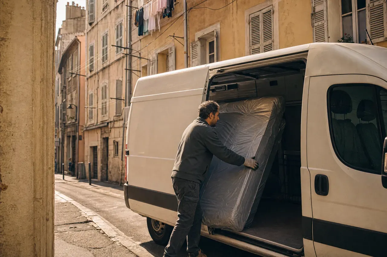 Un professionnel charge un matelas emballé dans un fourgon garé dans une rue étroite de Marseille aux façades ocre