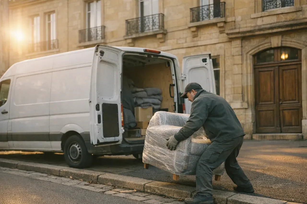 Un fourgon ouvert au pied d'un immeuble messin en pierre de Jaumont dorée, un professionnel soulevant un fauteuil emballé