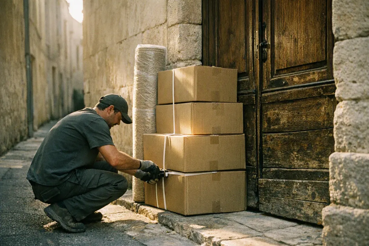 Cartons et tapis roulé sanglés devant une porte ancienne dans une ruelle montpelliéraine en pierre claire
