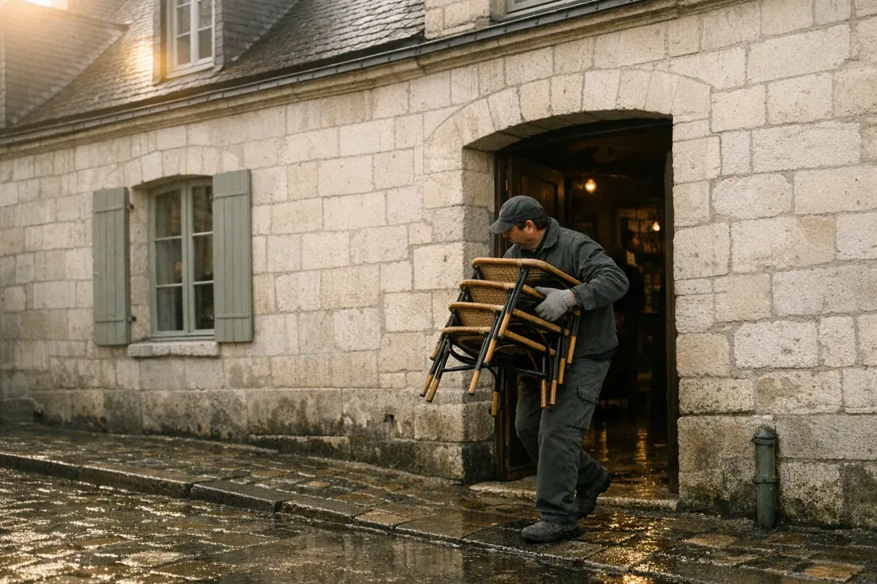 Un professionnel sort une pile de chaises d'un immeuble nantais en tuffeau, pavés mouillés après la pluie