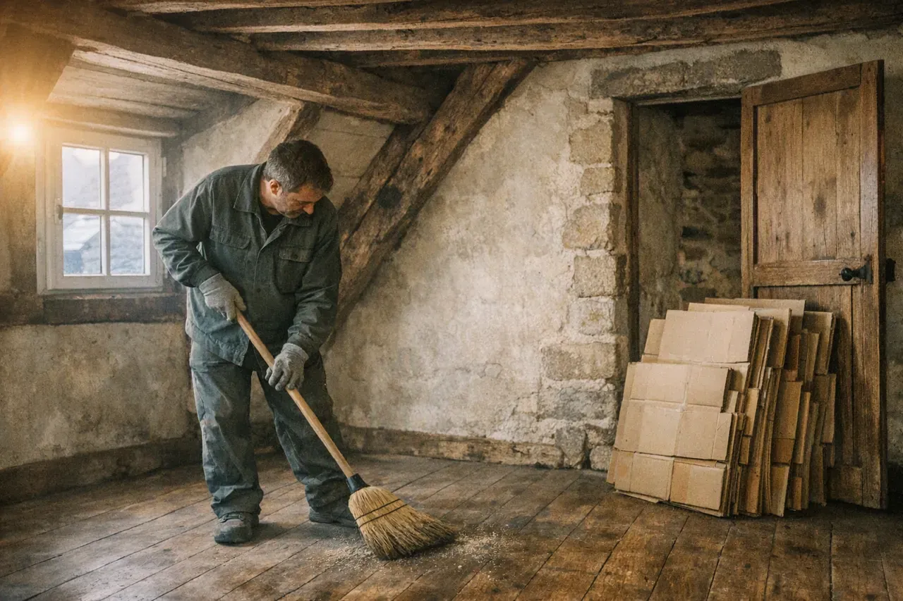 Un professionnel balaie le plancher d'une pièce sous combles fraîchement vidée dans une maison rennaise ancienne