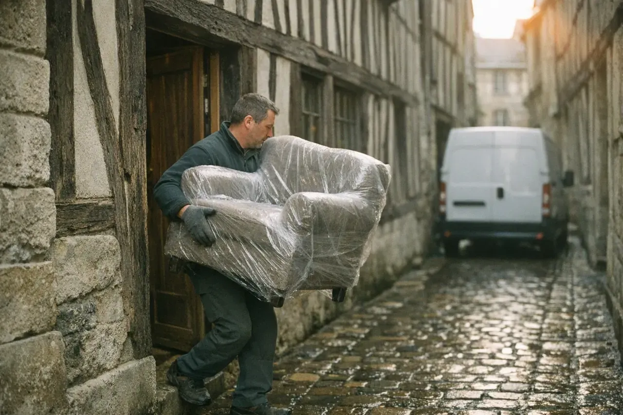 Un professionnel sort un fauteuil emballé sous film d'une maison à pans de bois, dans une ruelle pavée où attend un fourgon blanc
