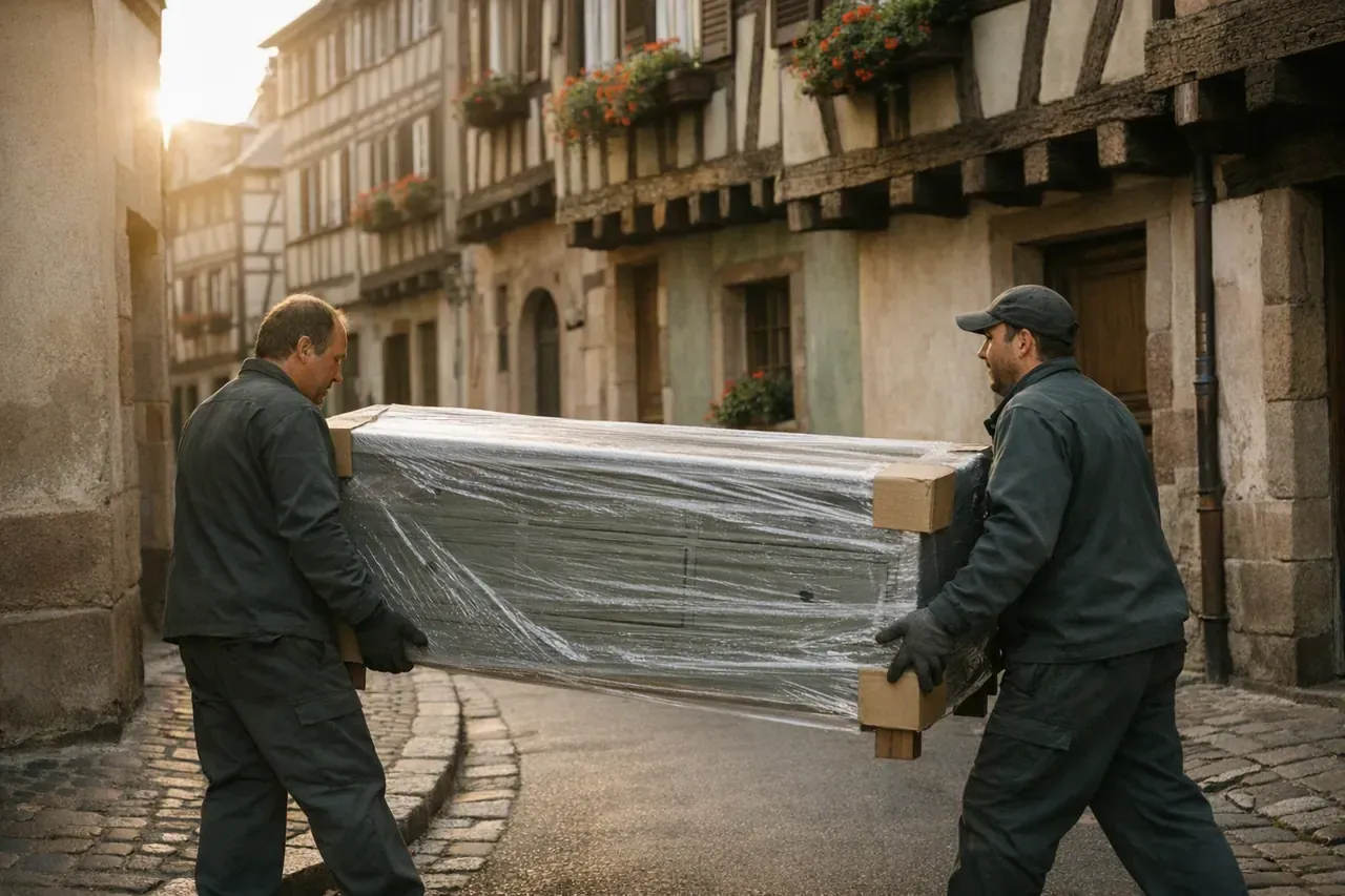 Deux professionnels transportent une commode emballée devant des maisons à colombages strasbourgeoises