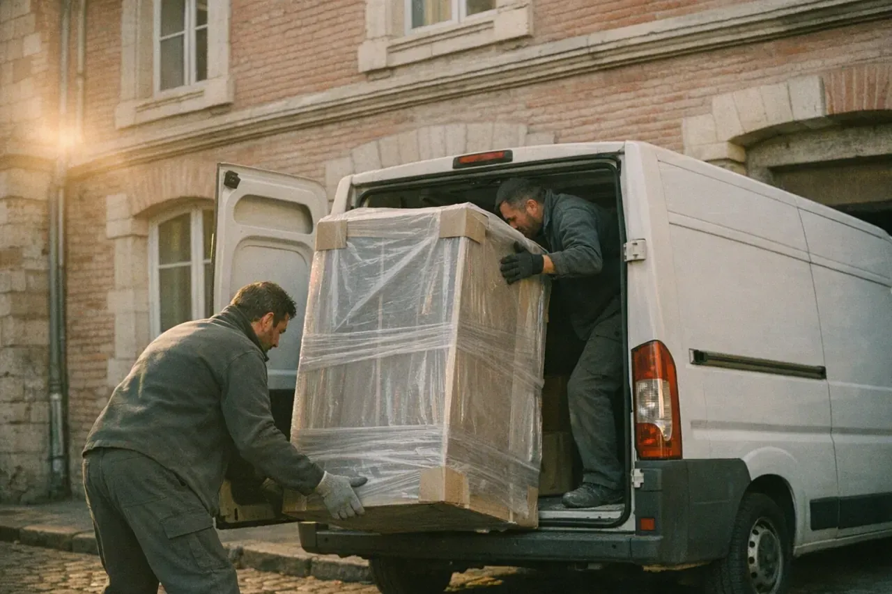 Deux professionnels hissent une armoire emballée dans un fourgon devant une façade toulousaine