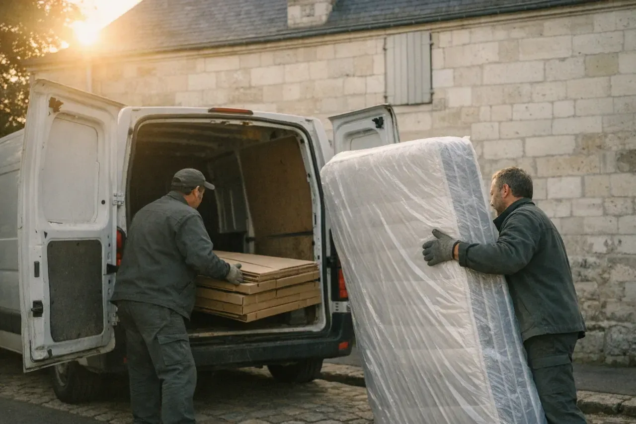 Deux professionnels glissent un matelas emballé dans un fourgon garé le long d'une façade de tuffeau clair